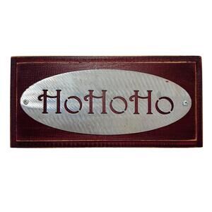 Dark Reddish Wood Christmas Sign Plaque Silver Metal "Ho Ho Ho" 10" x  4.5" EUC